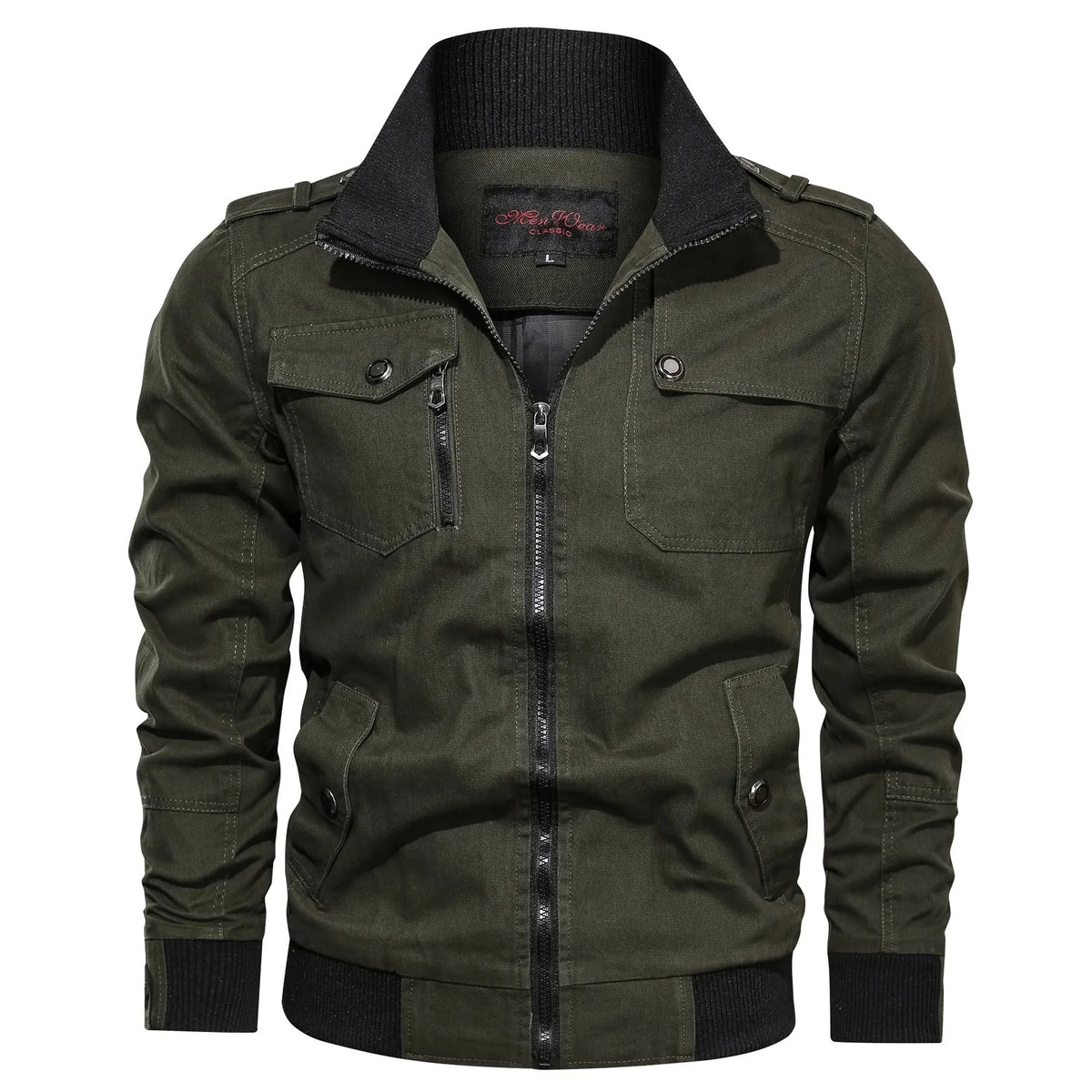 Solid colour cotton stand collar jacket for men with side pockets in black, blue, green, khaki, maroon