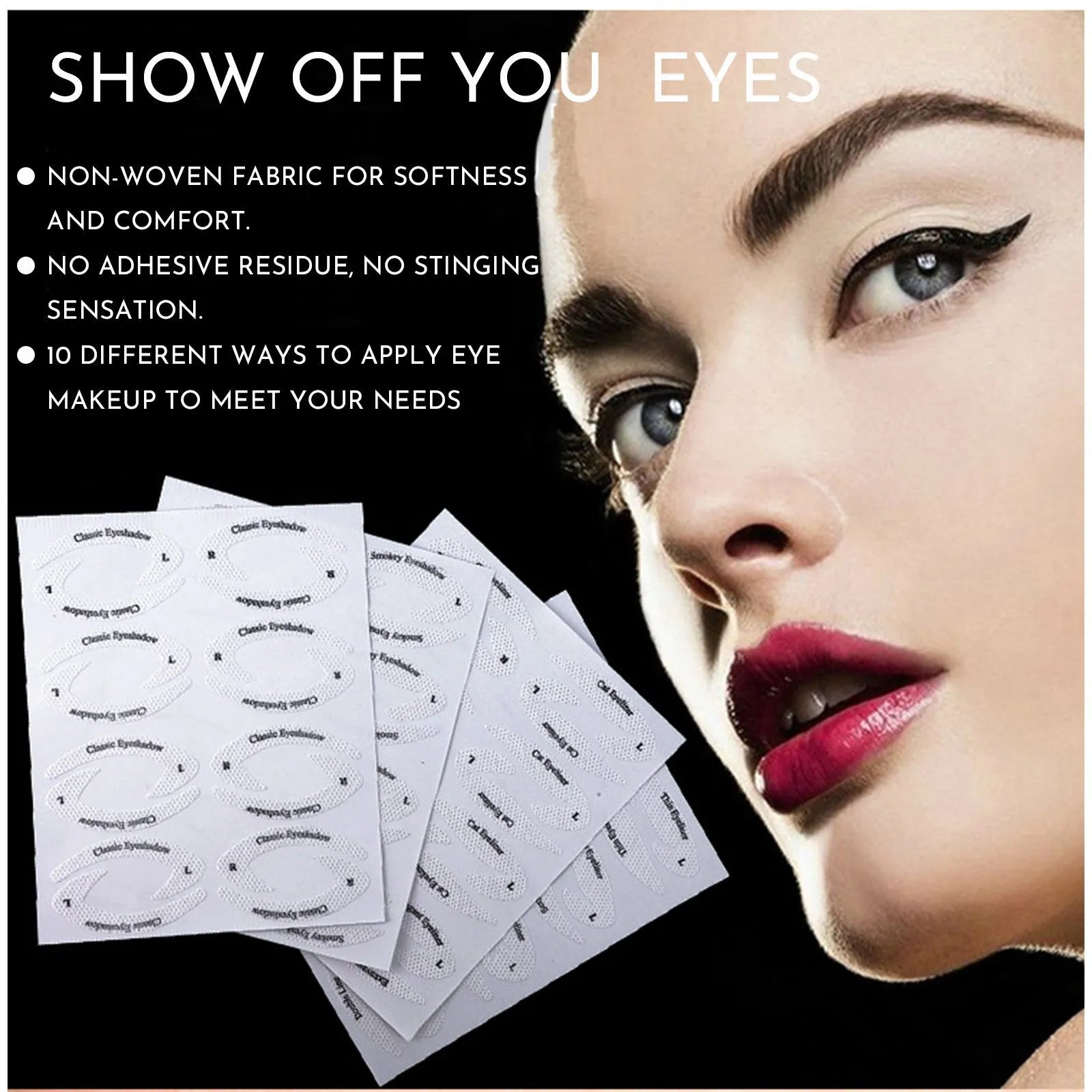 Set of four flexible reusable eyeliner and eyeshadow makeup stencil templates on a pink background