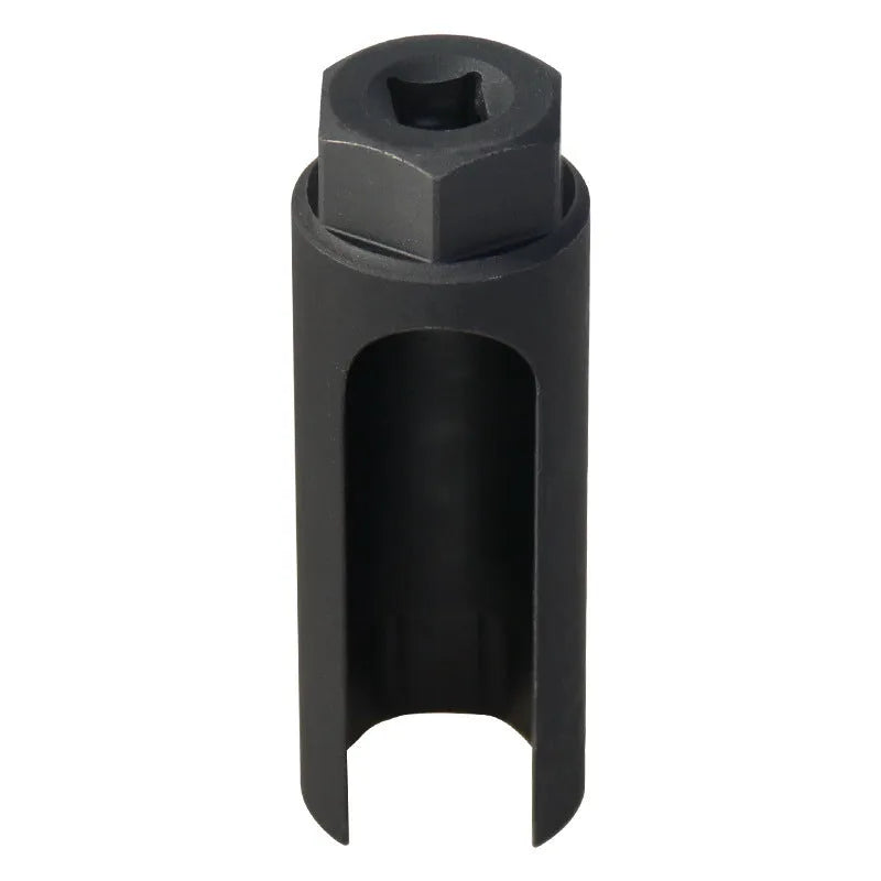 Black chromium vanadium steel oxygen sensor sleeve tool with 22mm hexagonal socket opening.