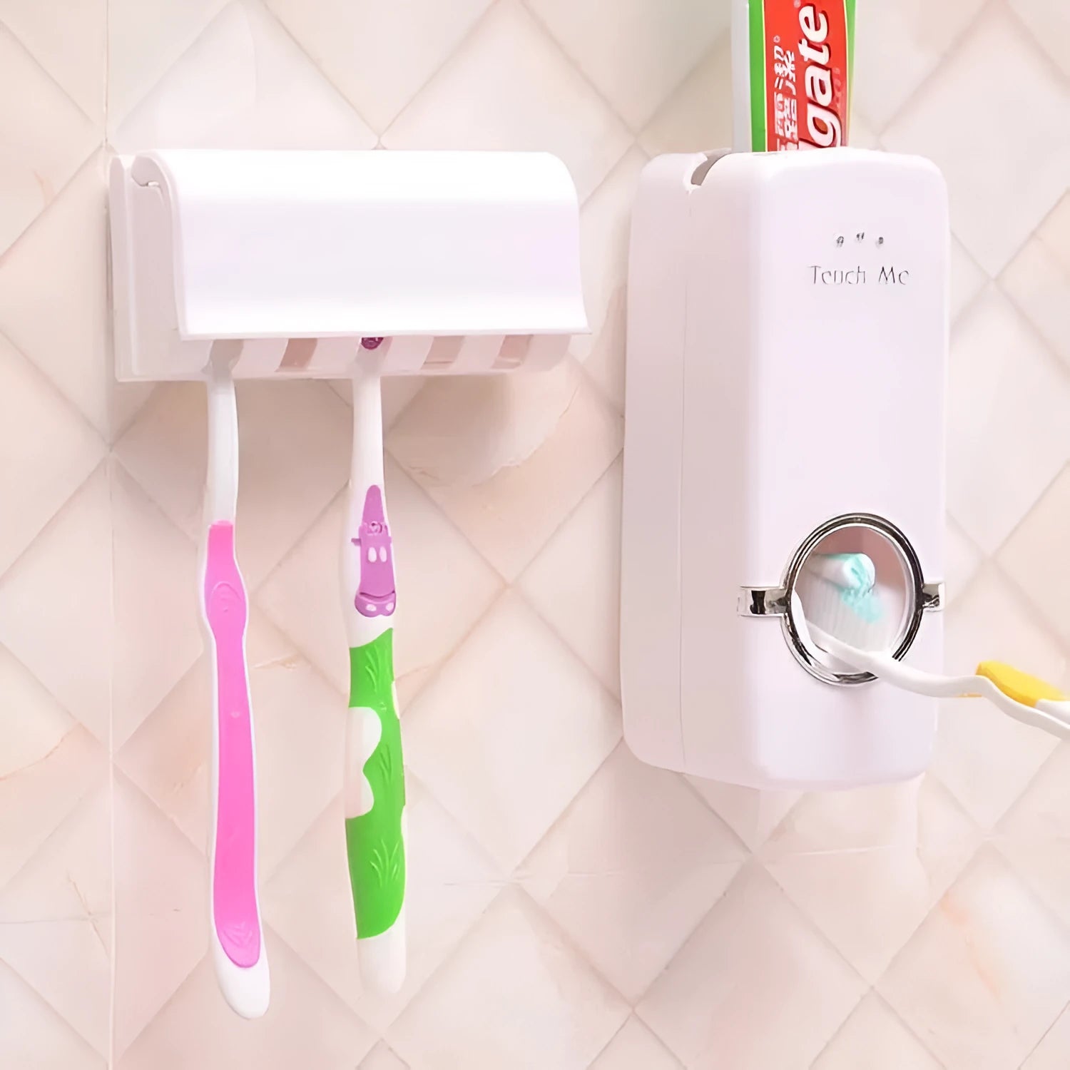 White bathroom toothbrush holder set with plastic and silicone construction for smooth wall surfaces