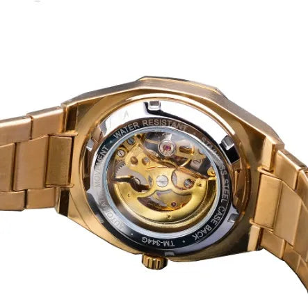 Men's mechanical automatic watch with skeleton dial, stainless steel case, genuine leather band, 41mm diameter