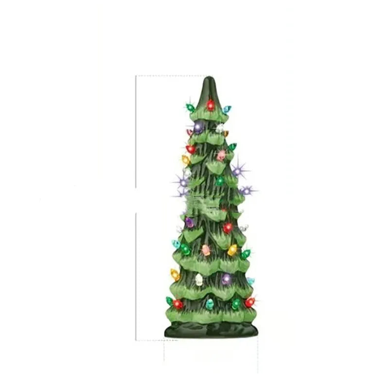 European style resin Christmas tree ornament with LED lights in coloured or warm white, shown in 20cm, 25cm, and 30cm sizes.