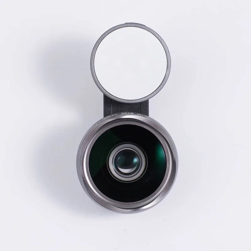 External clip-on mobile phone camera lens with wide-angle lens and colourful LED ring light.