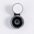 External clip-on mobile phone camera lens with wide-angle lens and colourful LED ring light.