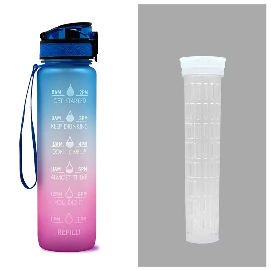 Blue and red gradient 1 litre Tritan sports water bottle with time markers and flip-top lid