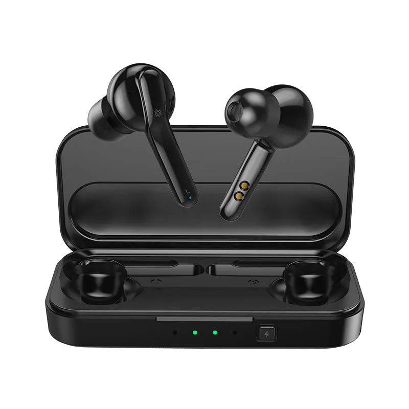 Black and white true wireless Bluetooth earbuds with an IPX5 waterproof rating.