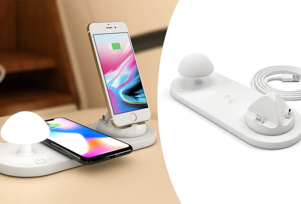 White 3 in 1 wireless charging dock with a phone on the pad and USB cable