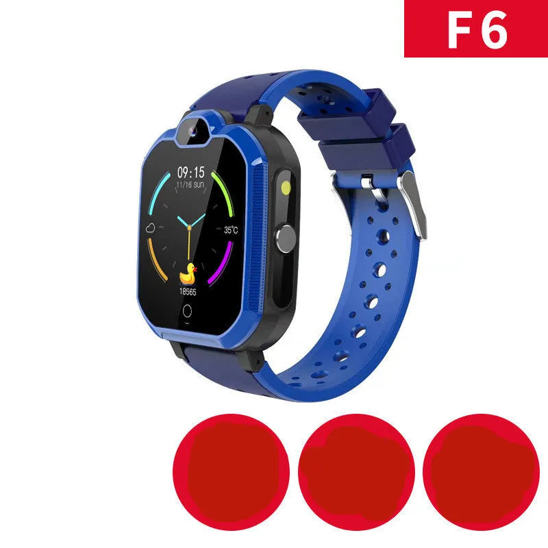 Blue children's smartwatch with a silicone strap and a 1.44-inch touch screen displaying GPS and video call icons.