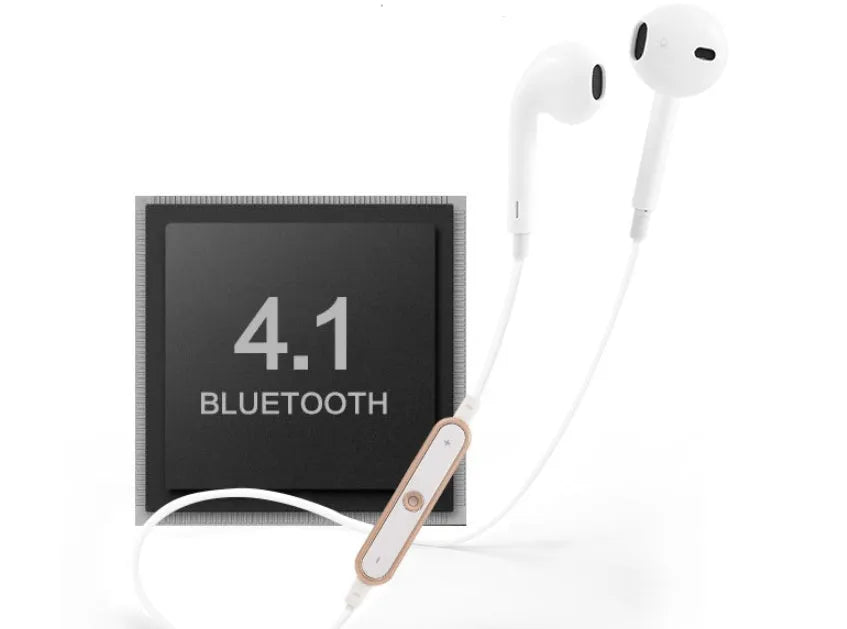 Wireless Bluetooth headset compatible with iPhone 7 and 6 models in black, white, gold, or silver.