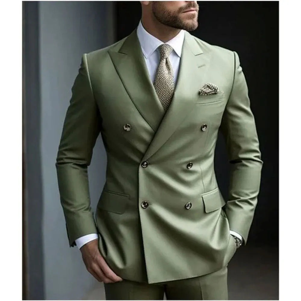 Men's slim fit grey two-piece business suit jacket and trousers on a hanger.