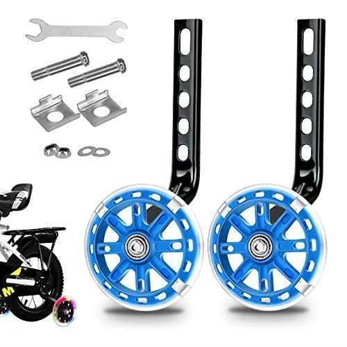 Children's bicycle training wheels kit with universal bracket, shown in assorted colours.