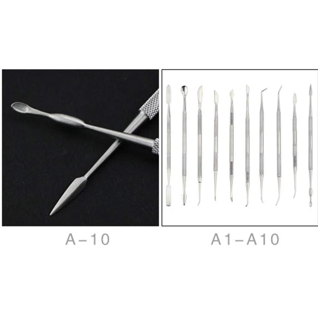 Stainless steel clay knife set of 10 pieces with photo colour finish on a neutral background