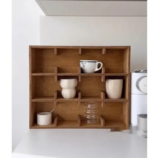 Solid birch wood cup storage rack with multiple square grids in natural meridian colour