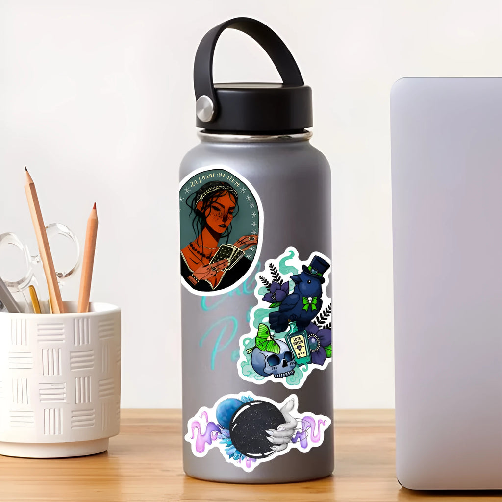 Pack of 50 colourful waterproof PVC stickers with glossy finish for laptops and skateboards.