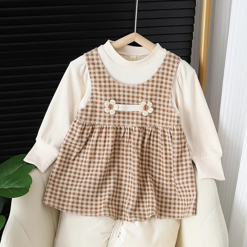 Baby girl wearing dark coffee plaid Korean style dress suit with matching shirt