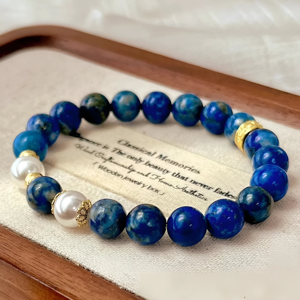 Chinese style lapis lazuli bracelet with green gold stone beads and adjustable clasp