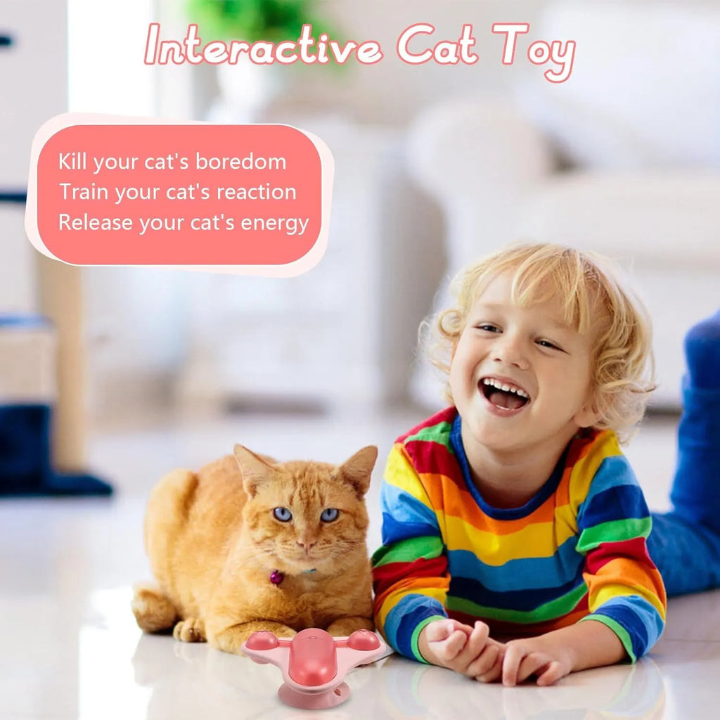 Blue interactive pet puzzle toy with snack cabin, bell and catnip on a suction cup base