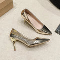 Gold and silver women's pointed toe slip-on stiletto heels with 8cm and 10cm heel height options.