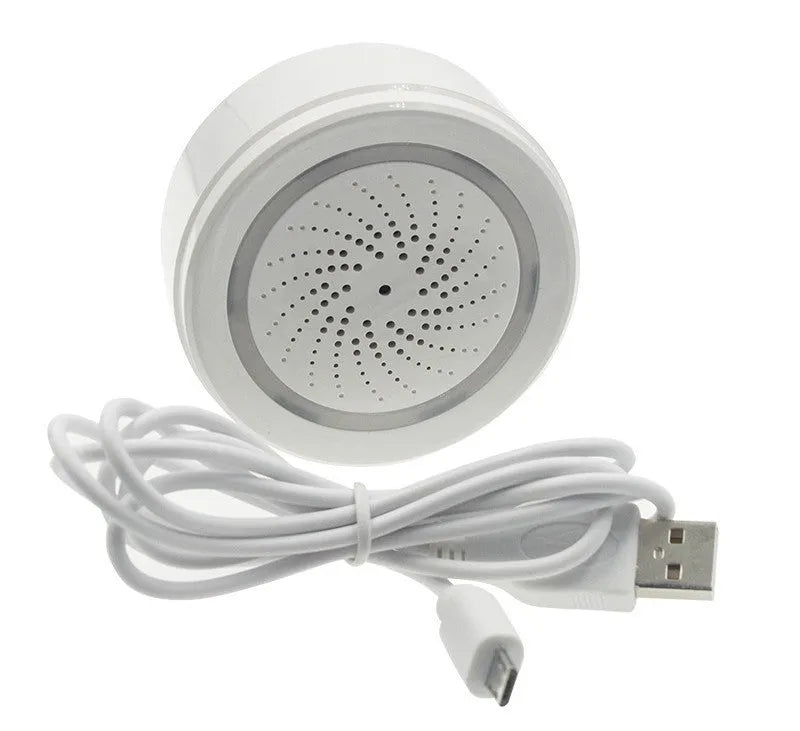 Wireless smart sound and light alarm with WiFi for home security, featuring anti-dismantling design and APP control