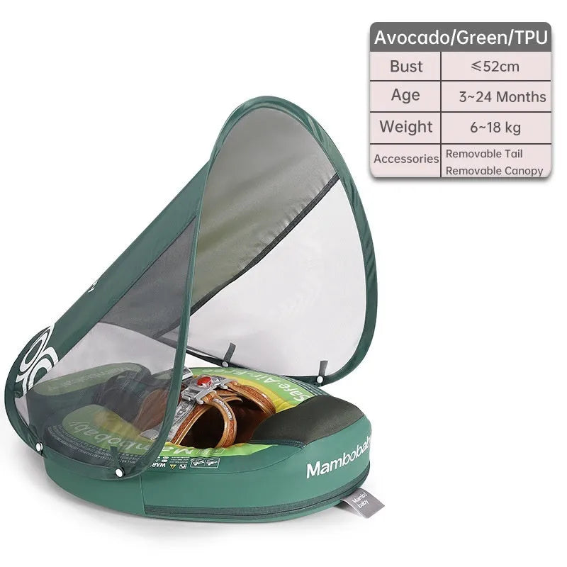 Dinosaur pattern baby inflatable swimming ring with integrated sun shade in green colour
