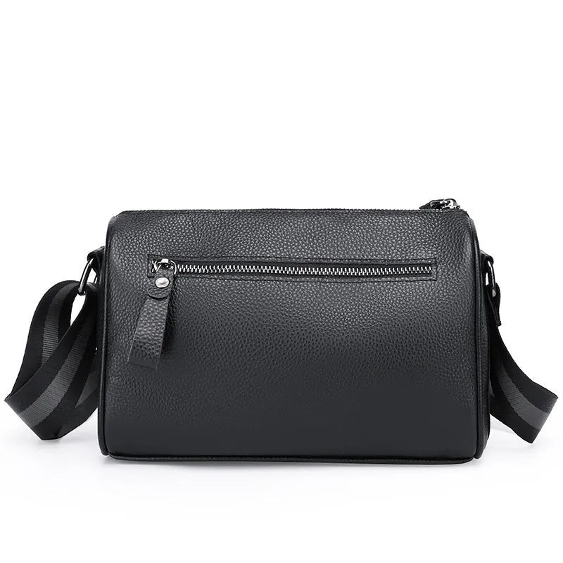 Black genuine leather one-shoulder crossbody bag with dimensions 24x16x13cm