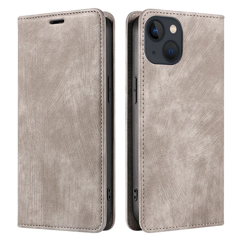 Magnetic flip leather phone case for iPhone in various colours, showing front and back views.