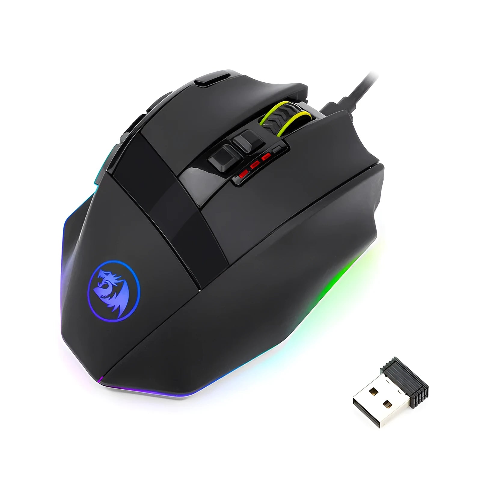 Redragon M801P black wireless gaming mouse with nine buttons and ergonomic right-handed design