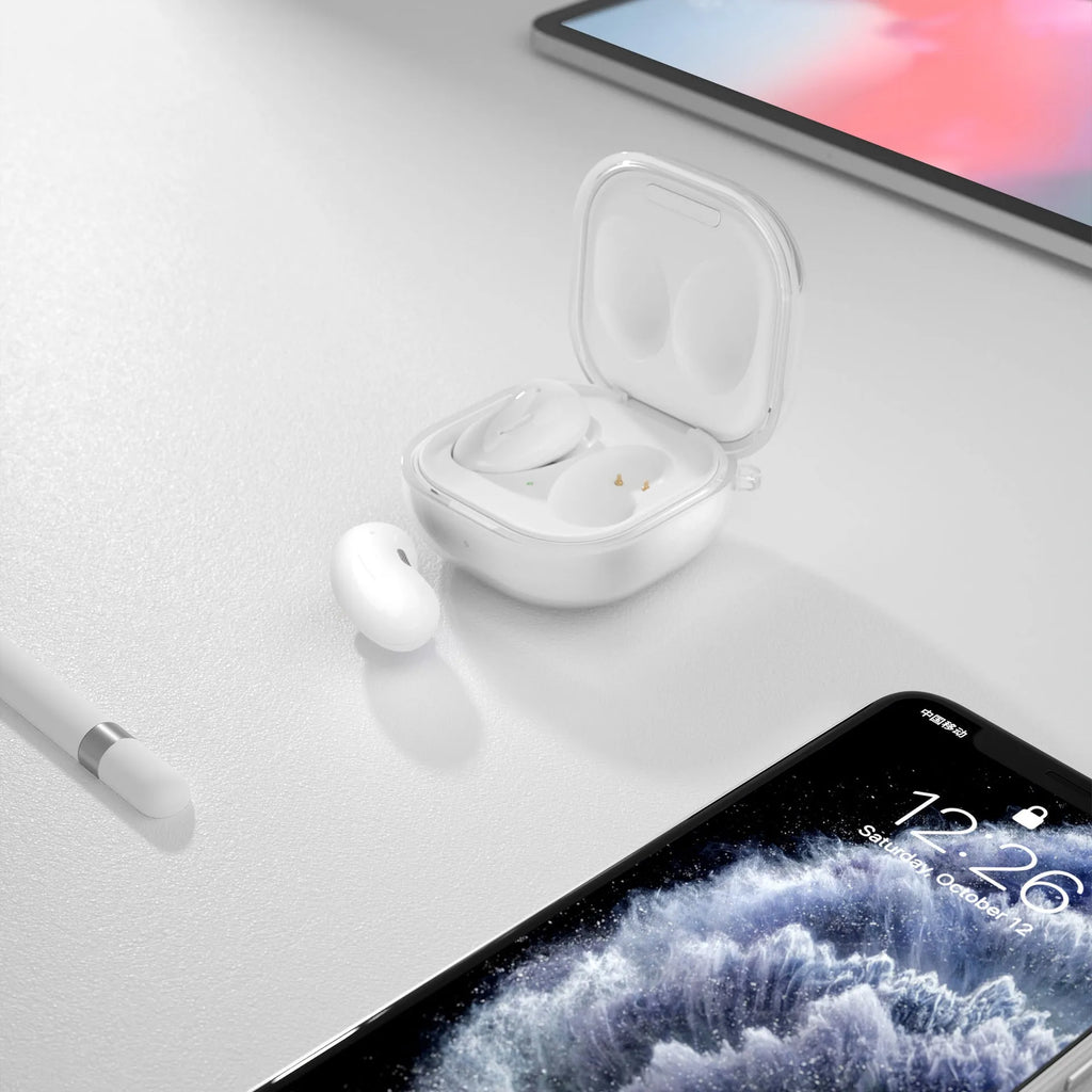 Translucent plastic replacement ear case for clamshell Bluetooth headphones in gold, black, purple, and clear.