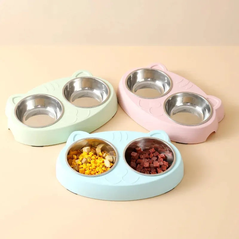 Blue plastic double bowl pet feeder tray for cat and dog food and water.