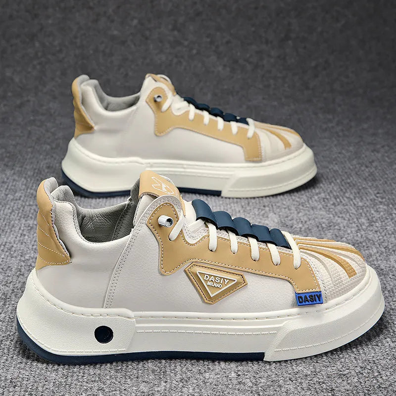 Men's beige low-top casual sneakers with elastic band and round toe on a white background.