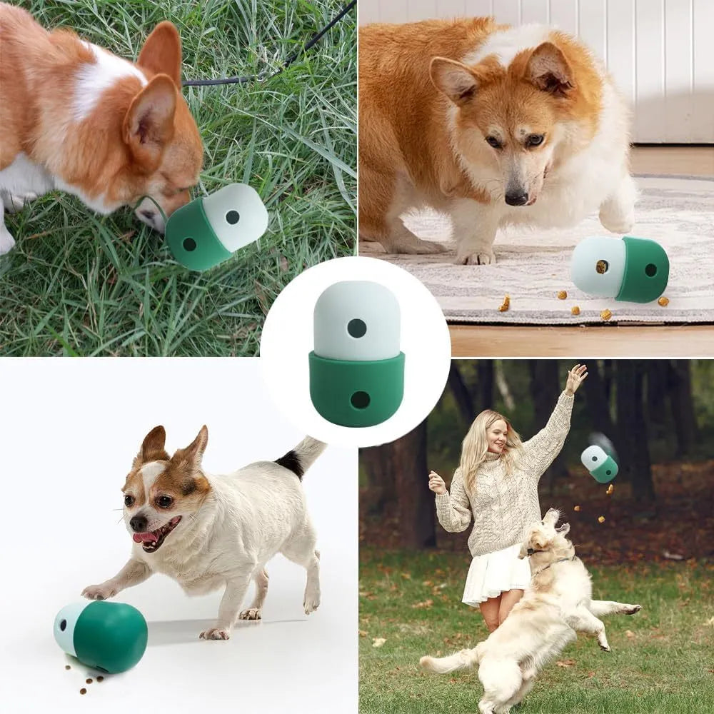 Food grade silicone dog treat dispensing puzzle ball in four colour combinations measuring 8×11cm