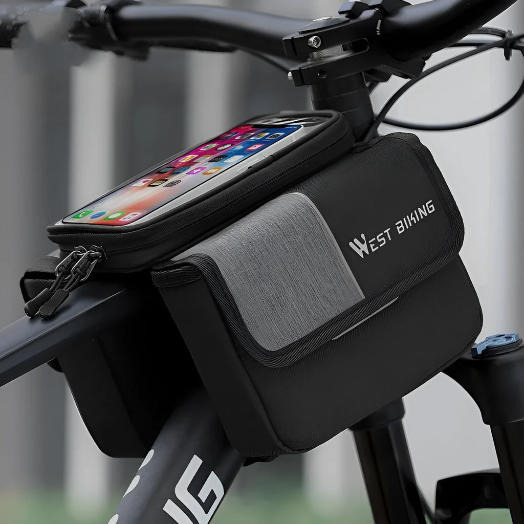 Black and grey Oxford cloth cycling saddle bag mounted on a bike handlebar.