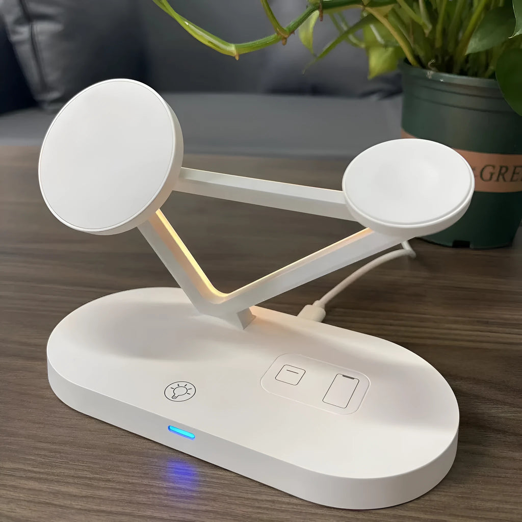 Black wireless charging station showing phone, Apple Watch and AirPods case charging simultaneously