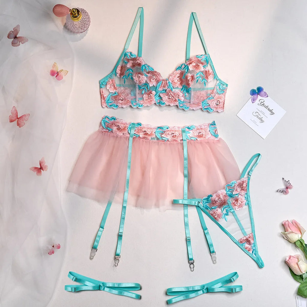 Pink women's mesh pettiskirt suit with embroidery detail and matching bikini set
