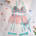 Pink women's mesh pettiskirt suit with embroidery detail and matching bikini set