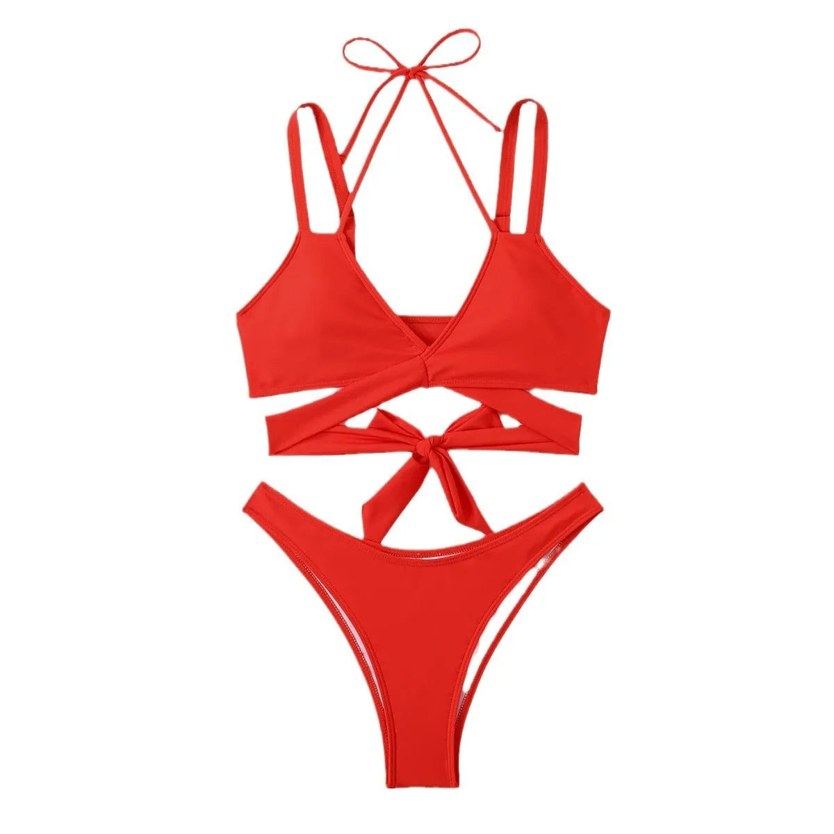 Women's solid colour strap bikini swimsuit in brief style on a white background.