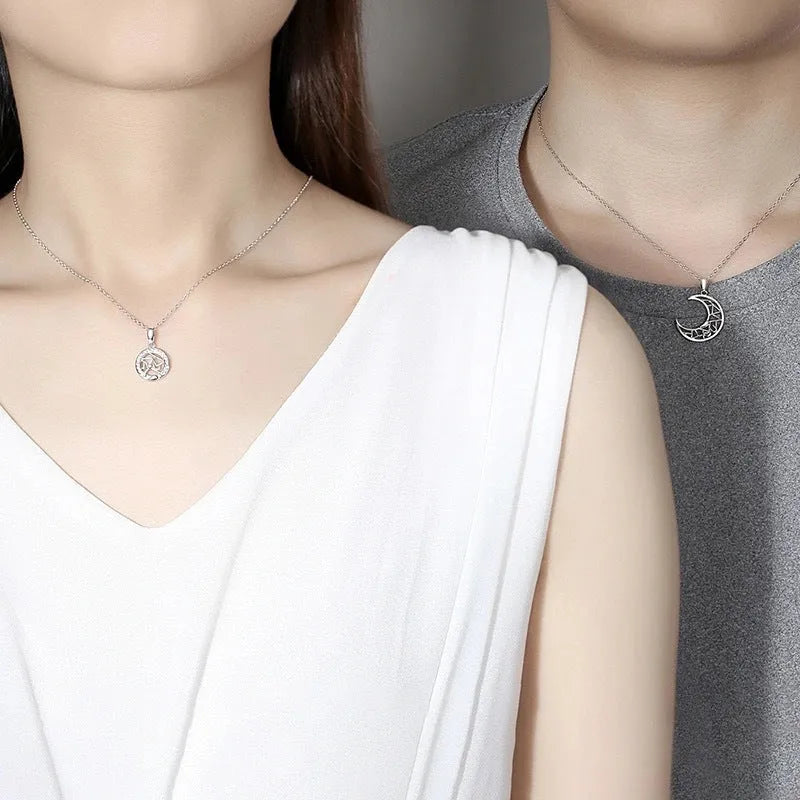 Sun Moon Tooth Couple Necklace with electroplated copper pendant and cross chain in celestial design