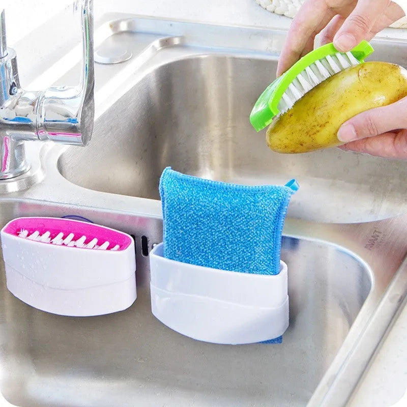 Kitchen cleaning brush with knife fork chopstick scrubbers and suction cup base in blue green pink colours