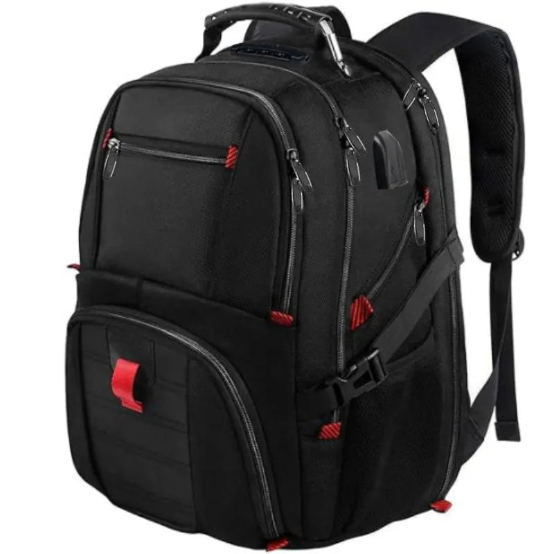 Large USB backpack in black with curved shoulder straps and waterproof Oxford cloth construction