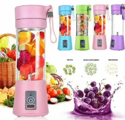 Portable USB rechargeable blender with six blades in blue colour showing 380ml measurement markings