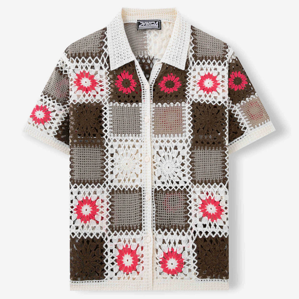 White crocheted dress sweater with hollow bandage pattern and short sleeves