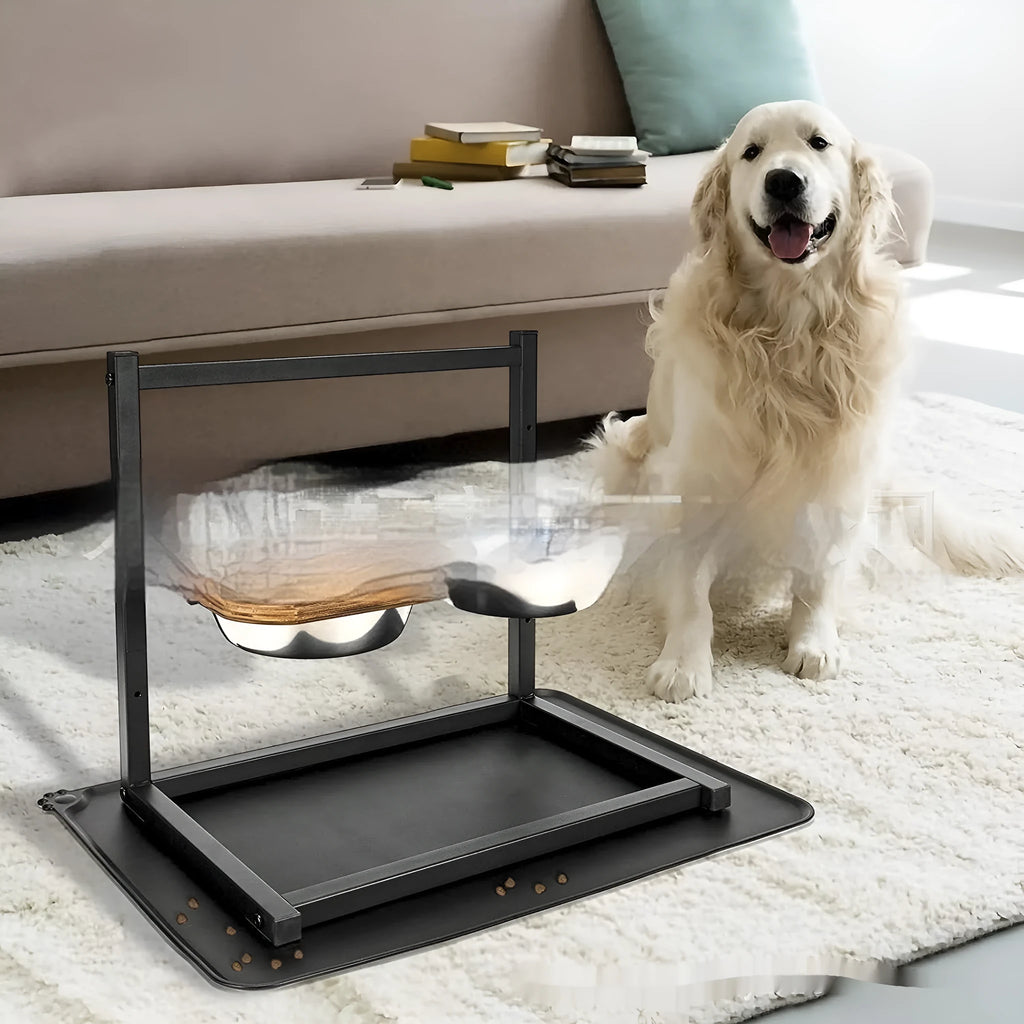 Large black iron stand holding two dog bowls for elevated feeding.