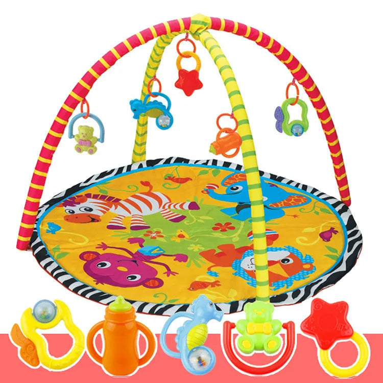 Soft velvet baby play mat with colourful animal designs, laid flat as a crawling carpet.