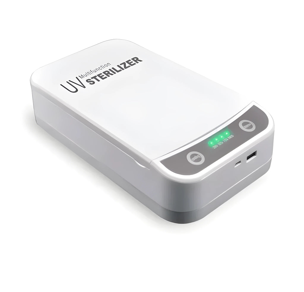 UV disinfection box with USB port, showing internal chamber for a mobile phone.