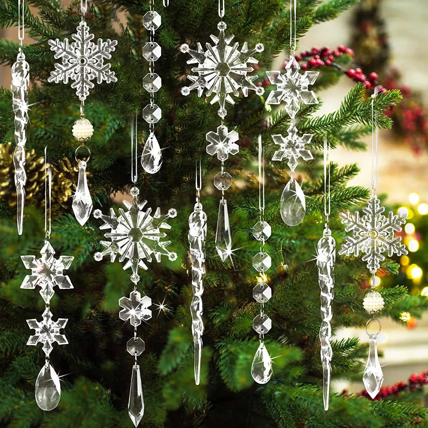 Ten transparent acrylic ice cone Christmas ornaments with ribbon for hanging on trees and indoor outdoor holiday decor