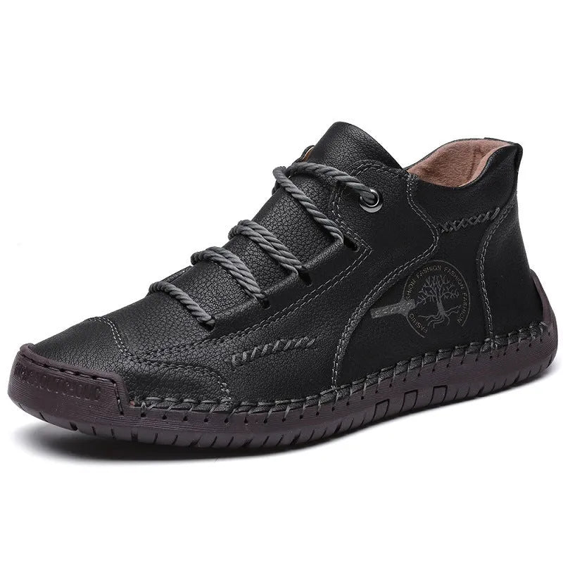 Men's brown leather high-top boots with round toe and flat rubber soles