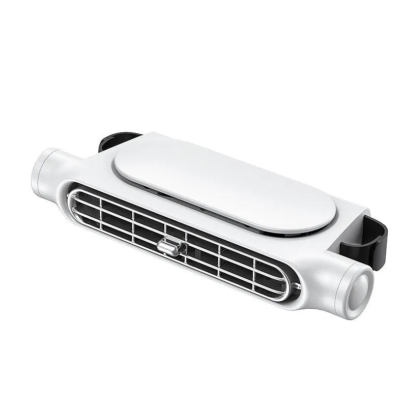 USB car fan with velcro strap mounted on a car seat headrest, showing its brushless motor and bladeless design.