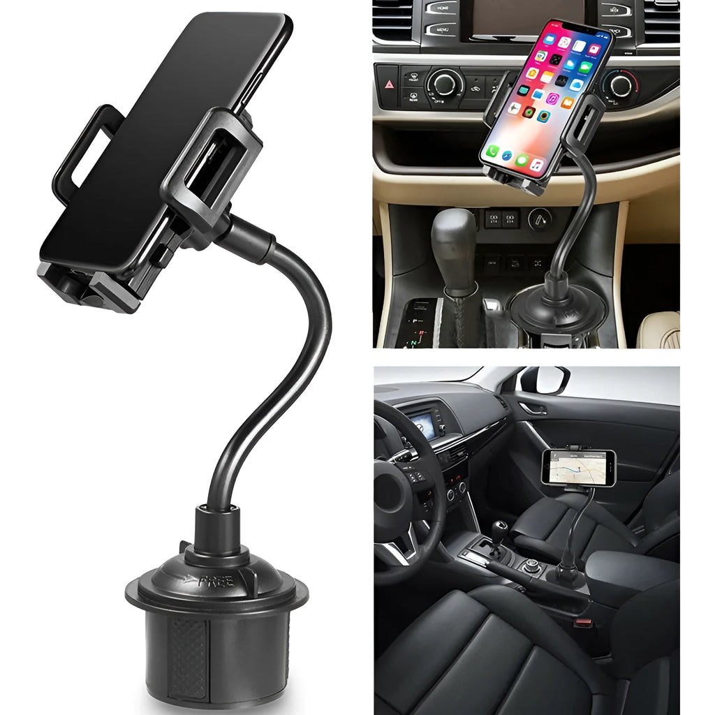 Black universal car phone mount with adjustable side arms shown mounted on a car air vent.