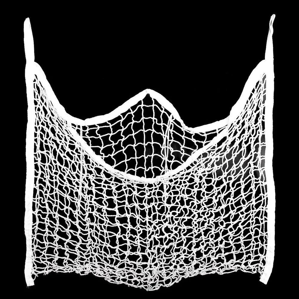 Black woven grid horse feeding bag hanging, showing its open structure and size.