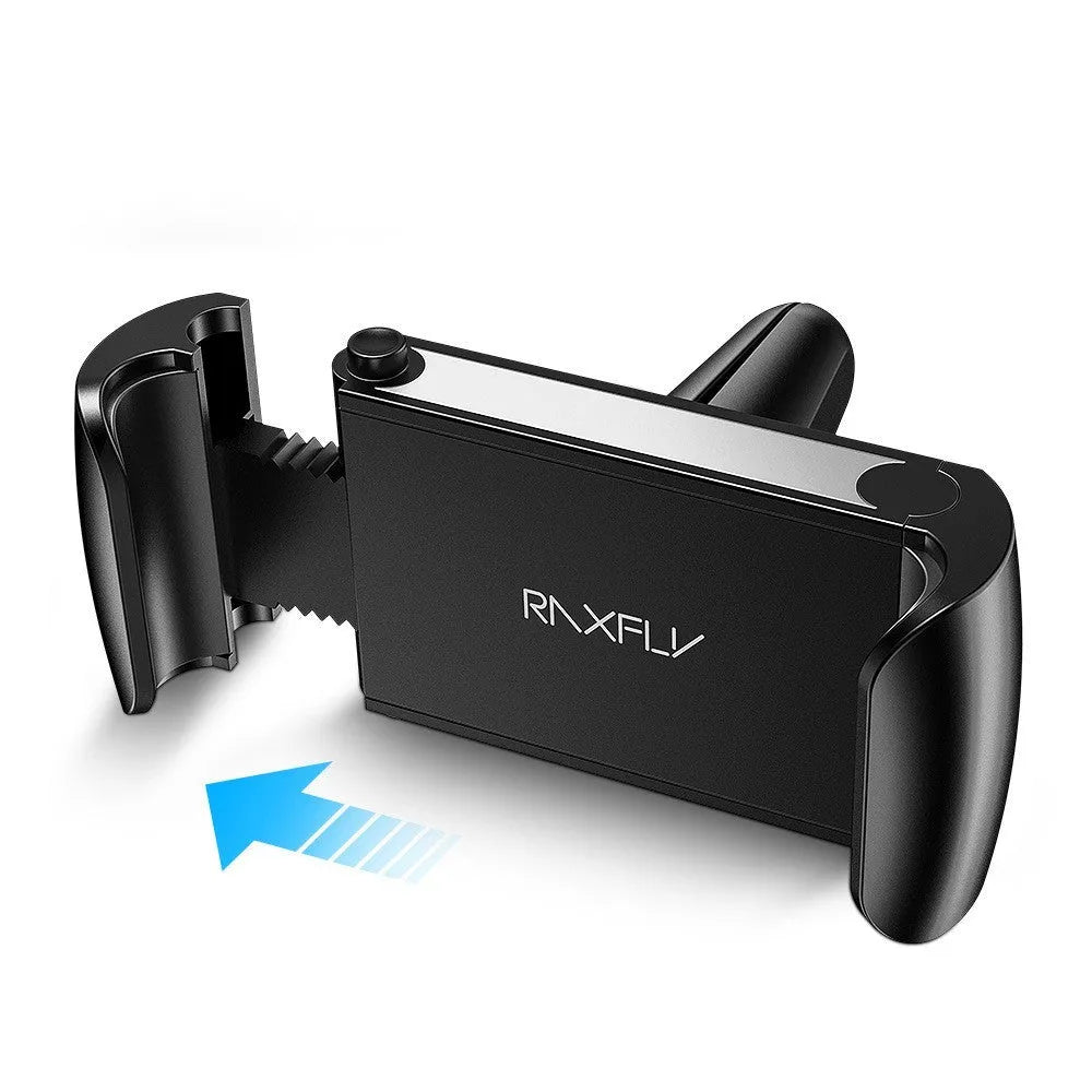Black universal adjustable car air vent bracket phone holder made from ABS plastic clipped onto a car vent